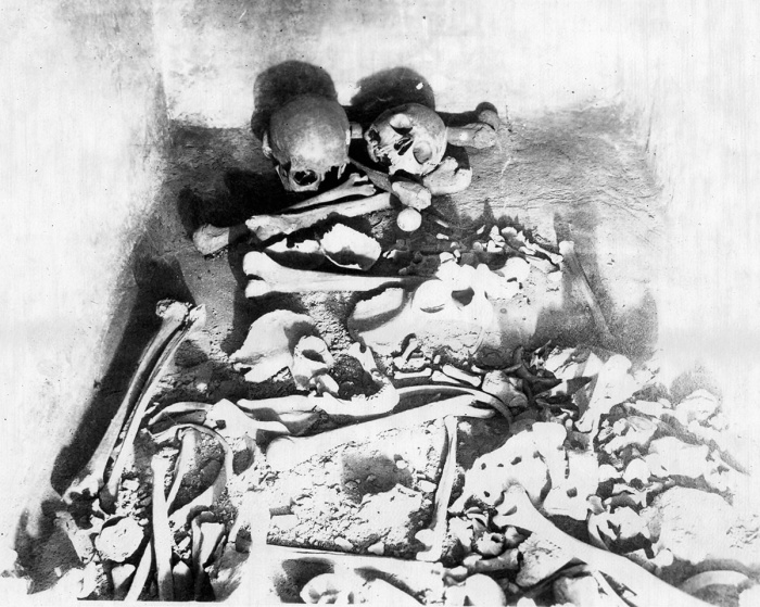 Перемішані кістки у саркофазі. Фото 1936 р. (Перше відкриття саркофагу)